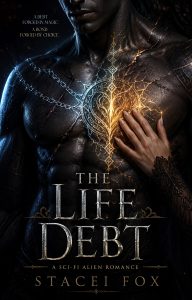 Close-up of a muscular chest with glowing gold sigils down the sternum, hand resting on the chest, chain across the shoulder — a sci‑fi romance cover.